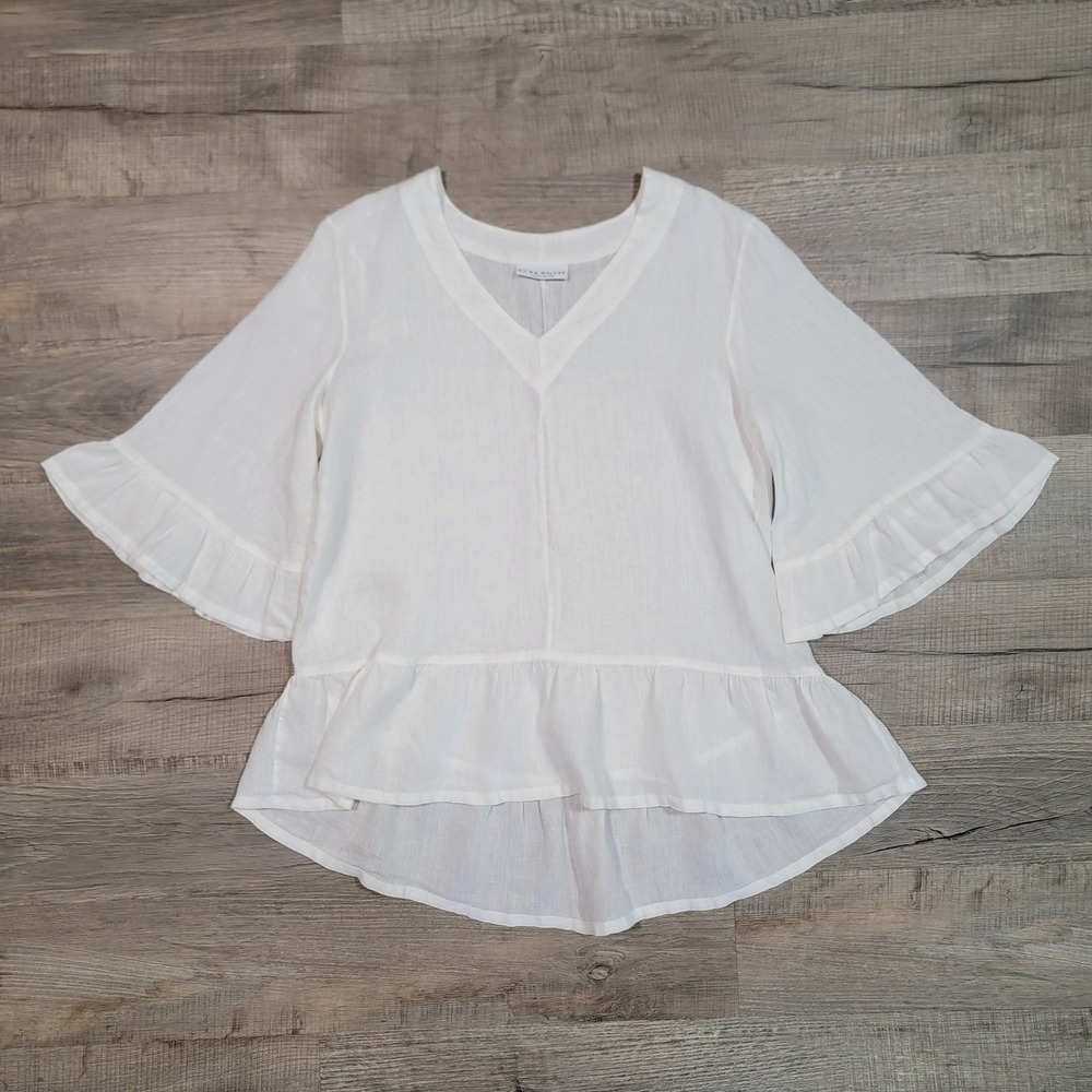 Bryn Walker White 100% Linen V-Neck Ruffle Tiered Peplum Bell Sleeve Top XXS USA